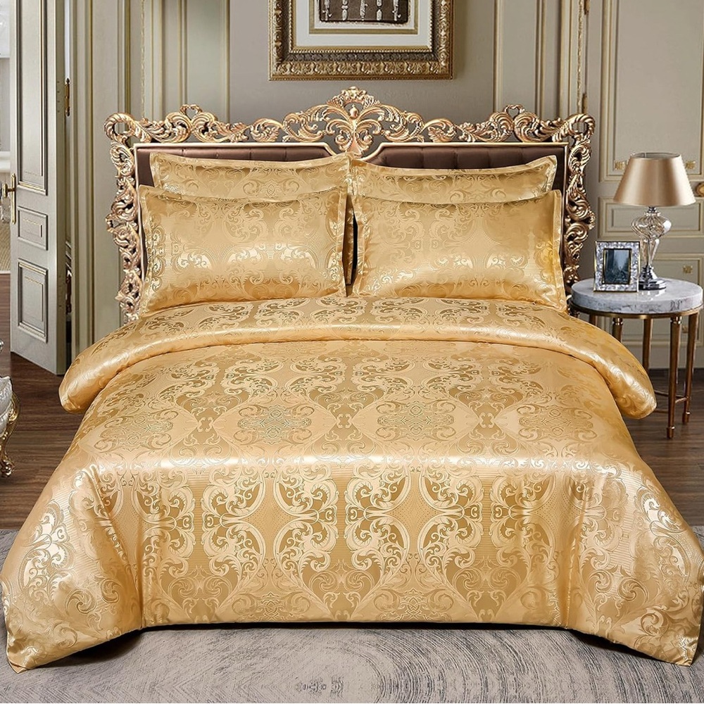 Duvet Cover Set European Luxury Satin Embroidery 3-PCS Bedding Set, Gold, Queen